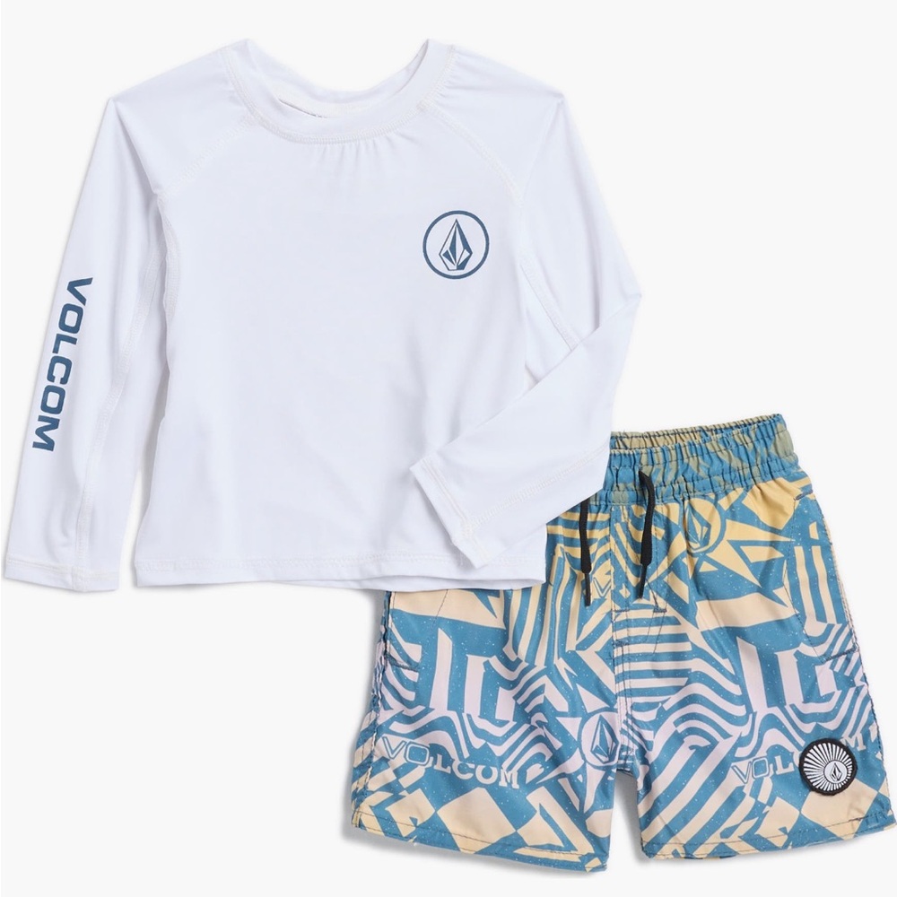 Volcom White Rash Guard and Patterned Swim Set